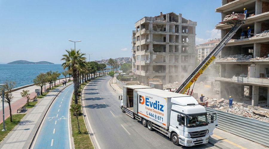 Küçükyalı sahil yolunda evden eve nakliyat aracı ve kentsel dönüşüm alanında asansörlü taşıma