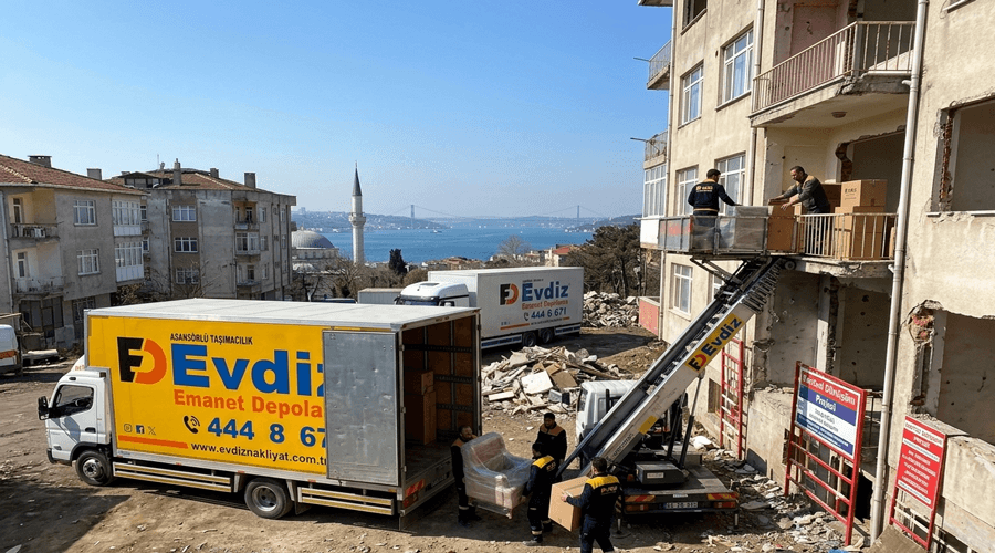 İstanbul'da kentsel dönüşüme giren eski binadan asansörlü nakliyat ile eşya tahliyesi ve Evdiz nakliye aracı İstanbul'da kentsel dönüşüm nakliyat çift yönlü taşıma eşya depolama